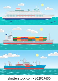 Vector collection of illustrations: of ocean cruise liner and cargo ships go on blue seascape. Flat style. Good for advertisement, banners, posters and cards.