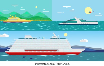 Vector collection of illustrations of ocean cruise liner and yachts go on blue seascape. Flat style. Good for advertisement, banners, posters and cards.