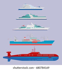 Vector collection of illustrations: of ocean yacht, cargo ship and submarine isolated on grey background. Flat style. Good for advertisement, banners, posters and cards.