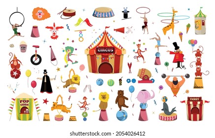 Vector collection of illustrations on the theme of the circus.