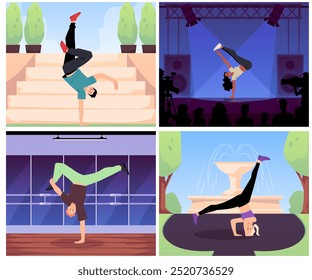 Coleção vetorial de ilustrações sobre o tema do breakdance hip-hop, mostrando os movimentos de estilo livre dos dançarinos de rua na rua, palco e interiores em um design plano.