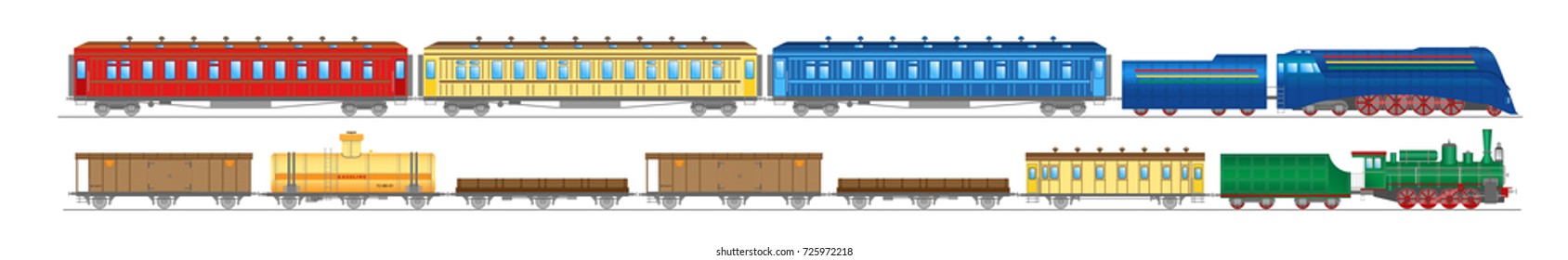 Vector collection of illustrations of retro railway locomotives, passenger and  freight carriages isolated on white background. Flat style. Good for advertisement, banners, posters and cards.
