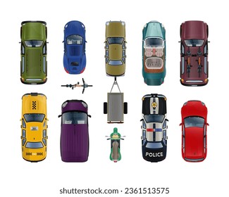 Vector Collection of illustrations with set of top view realistic transports on a white background.