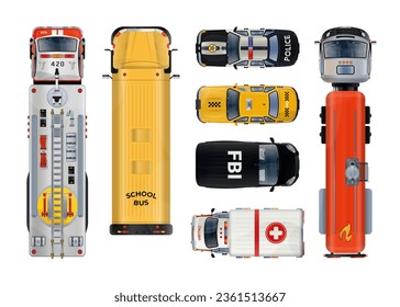 Vector Collection of illustrations with set of top view realistic transports on a white background.