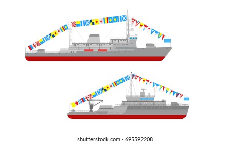Vector collection of illustrations: of small artillery ship and minesweeper ship isolated on white background. Flat style. Good for advertisement, banners, posters and cards.