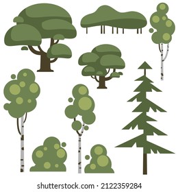 Vector collection of illustrations of trees and bushes. A set of isolated objects on a white background. Flat style