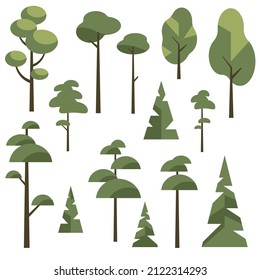 Vector collection of illustrations of trees. A set of isolated objects on a white background. Deciduous and coniferous trees. Flat style