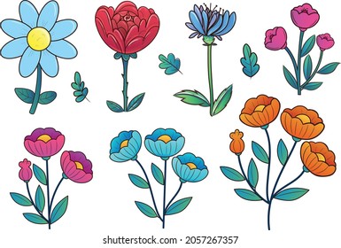 Vector collection of illustrations with wild flowers and plants. Set of  flowers and leaves in a cartoon style. 