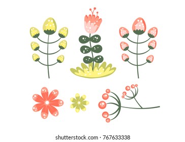 Vector collection of illustrations with wild plants and flowers. Set of Forest berries and flowers in a cartoon style.