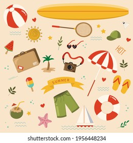 Vector collection of images of items related to summer and vacation. Beach umbrella, inflatable ball, surfboard, suitcase, ice cream, sun, beach, photo camera, etc.