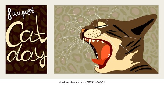 Vector collection including two posters. International Cat Day. 8 August. Lettering and picture with cat's grin on spotted backgrounds.