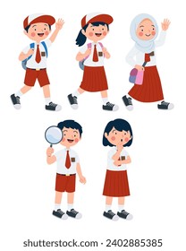 
Vector collection of Indonesian elementary school children walking together