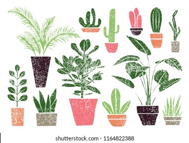 Vector collection of indoor, house plants in pots. Home decorative and deciduous plants in a flat style. Set of elements for design house, room or office. Isolated elements on white background. Cactus