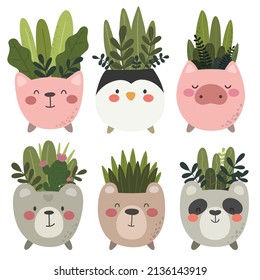 Vector collection of indoor plants in funny animal pots. Great for stickers, print, decor, baby clothes, cover art, decoration.