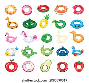 Vector collection of inflatable lifebuoys in the form of animals and fruits. Bright illustrations in flat style.