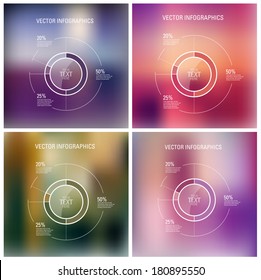 Vector collection of infographic pie charts over colorful blurred unfocused bokeh backgrounds