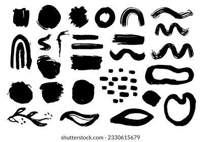Vector Collection Ink Design Elements. Dry Brush Marks, Splashes and Textures. Set of Artistic Black Paint Hand Made Creative Background.