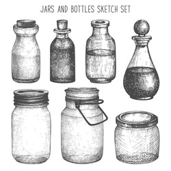 Vector Collection Of Ink Hand Drawn Mason Jars And Bottles. Vintage Decorative Glass Canning Jars  Isolated On White.