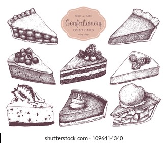 Vector collection of ink hand drawn fruit and berry baking illustration. Vintage design with traditional cake, tart and pie sketch. Sweet bakery menu