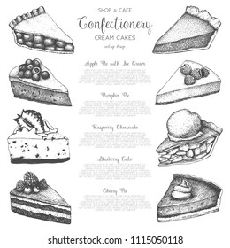 Vector collection of ink hand drawn fruit and berry baking illustration. Vintage design with traditional cake, tart and pie sketch. Sweet bakery menu