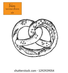 Vector collection of ink hand drawn baking illustrations. Vintage set of bread and pastries sketch. Bakery or bakehouse menu design on white background .Bagel.