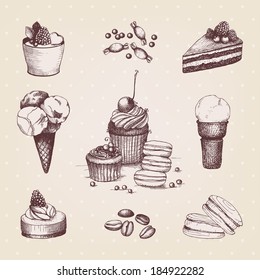 Vector collection of ink hand drawn dessert illustrations. Vintage cupcakes