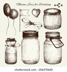 Vector collection of ink hand drawn mason jars for wedding decoration. Vintage decorative glass canning jars and wedding design elements