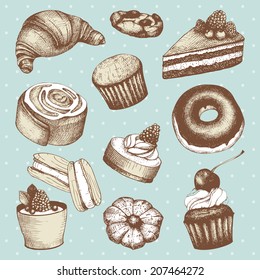 Vector collection of ink  hand drawn cakes and pastries illustration on mint spotted background. Vintage bakery illustration. 