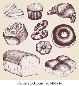 Vector collection of  ink hand drawn vintage dessert illustration isolated on white background for restaurant or cafe menu. Vintage coffee and pastry illustration