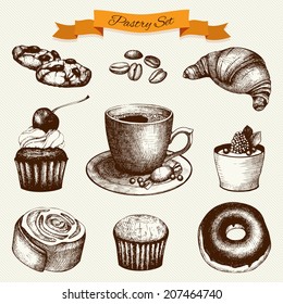 Vector collection of  ink hand drawn vintage dessert illustration isolated on white background for restaurant or cafe menu. Vintage coffee and pastry illustration