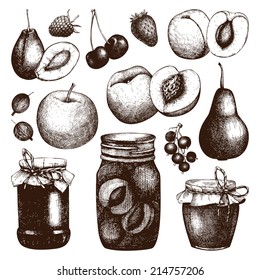 Vector collection of ink hand drawn jam jars, fruits and berries. Vintage decorative glass mason or canning jars with fruits and berry jam isolated on white background. 