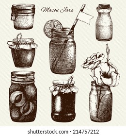 Vector collection of ink hand drawn mason jars. Vintage decorative glass canning jars with flower, fruits, jam isolated on vintage background. Wedding or holiday design.