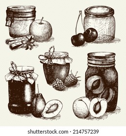 Vector collection of ink hand drawn jam jars with fruits and berries. Vintage decorative glass mason or canning jars with fruits and berry jam.