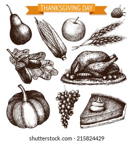 Vector collection of ink hand drawn thanksgiving day illustration. Vintage turkey day sketch set.