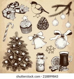 Vector collection of ink hand drawn Christmas and New year's elements and illustrations for vintage holiday greeting card or invitation design