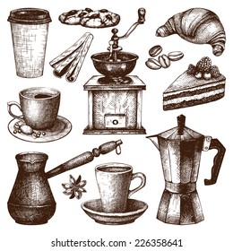 Vector collection of ink hand drawn vintage coffee illustration isolated on white background for restaurant or cafe menu. Vintage coffee, pastry and spice illustration