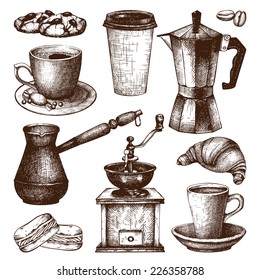 Vector collection of ink hand drawn vintage coffee illustration isolated on white background for restaurant or cafe menu. Vintage coffee and pastry  illustration