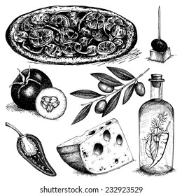 Vector collection of ink hand drawn pizza ingredients illustration. Vintage italian  food illustration. Decorative engraved food isolated on white.