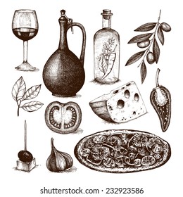 Vector collection of ink hand drawn tradition italian food illustration isolated on white. Vintage food sketch set