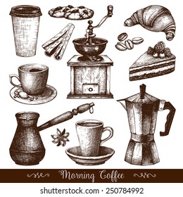 Vektorgrafik mit handgezeichneter Tinte, Vintage-Kaffeemaschine einzeln auf weißem Hintergrund für Restaurant- oder Café-Menü. Vintage-Kaffee und Konditorei-Illustration