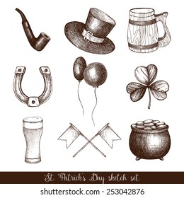 Vector collection of ink hand drawn illustrations for St. Patrick's day. Vintage set of St. Patrick's day sketch.