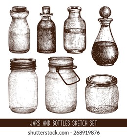 Vector collection of ink hand drawn mason jars and bottles. Vintage decorative glass canning jars  isolated on white.