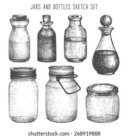 Vector collection of ink hand drawn mason jars and bottles. Vintage decorative glass canning jars  isolated on white.