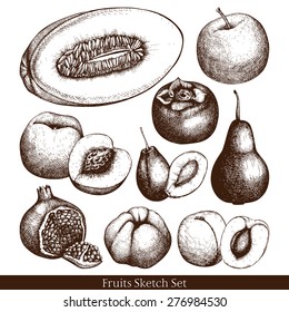 Vector collection of ink hand drawn fruits sketch for kitchen and restaurant design. Vintage colorful fruit illustration for vegetarian food.