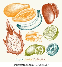 Vector collection of ink hand drawn exotic fruits sketch for kitchen and restaurant design. Vintage colorful tropical fruit illustration for vegetarian food.