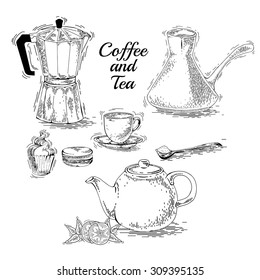 Vector collection of ink hand drawn vintage coffee illustration isolated on white background for restaurant or cafe menu. Coffee and tea set with baking an engraving style