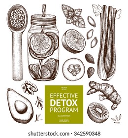 Vector collection of ink hand drawn diet sketch. Vintage healthy food illustration. Detox program elements collection