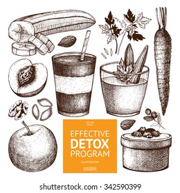 Vector collection of ink hand drawn diet sketch. Vintage healthy food illustration. Detox program elements collection