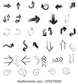 Vector collection ink hand drawn hatch arrows, ink lines, hatching, strokes and abstract graphic design elements isolated on white background