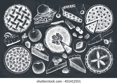 Vector collection of ink hand drawn fruit and berry baking illustration. Vintage set of traditional cake, tart and pie sketch on chalkboard. Sweet  bakery. Top view. 